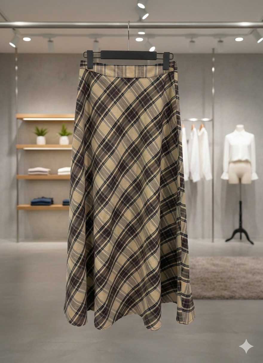 Kahve Tonlarında Ekose Desenli Kloş Maxi Etek