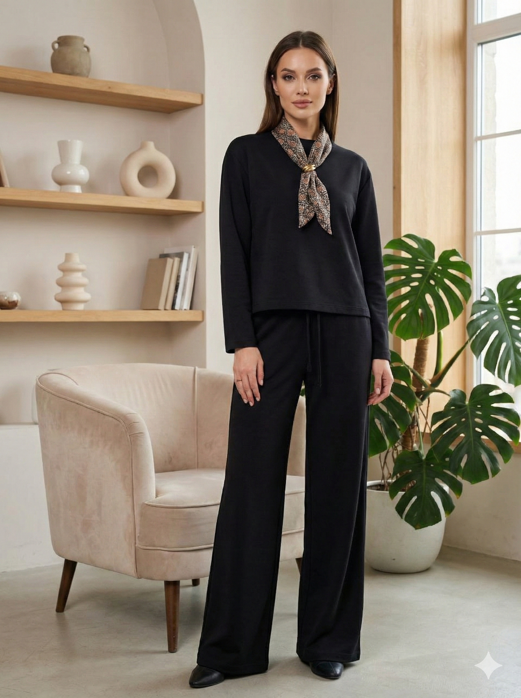 Casual Chic Fularlı Sweatshirt ve Geniş Paça Pantolon Takımı