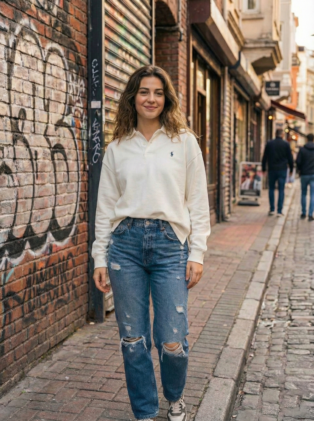 Ekru Polo Yaka Oversize Kadın Sweatshirt - Rahat Kesim