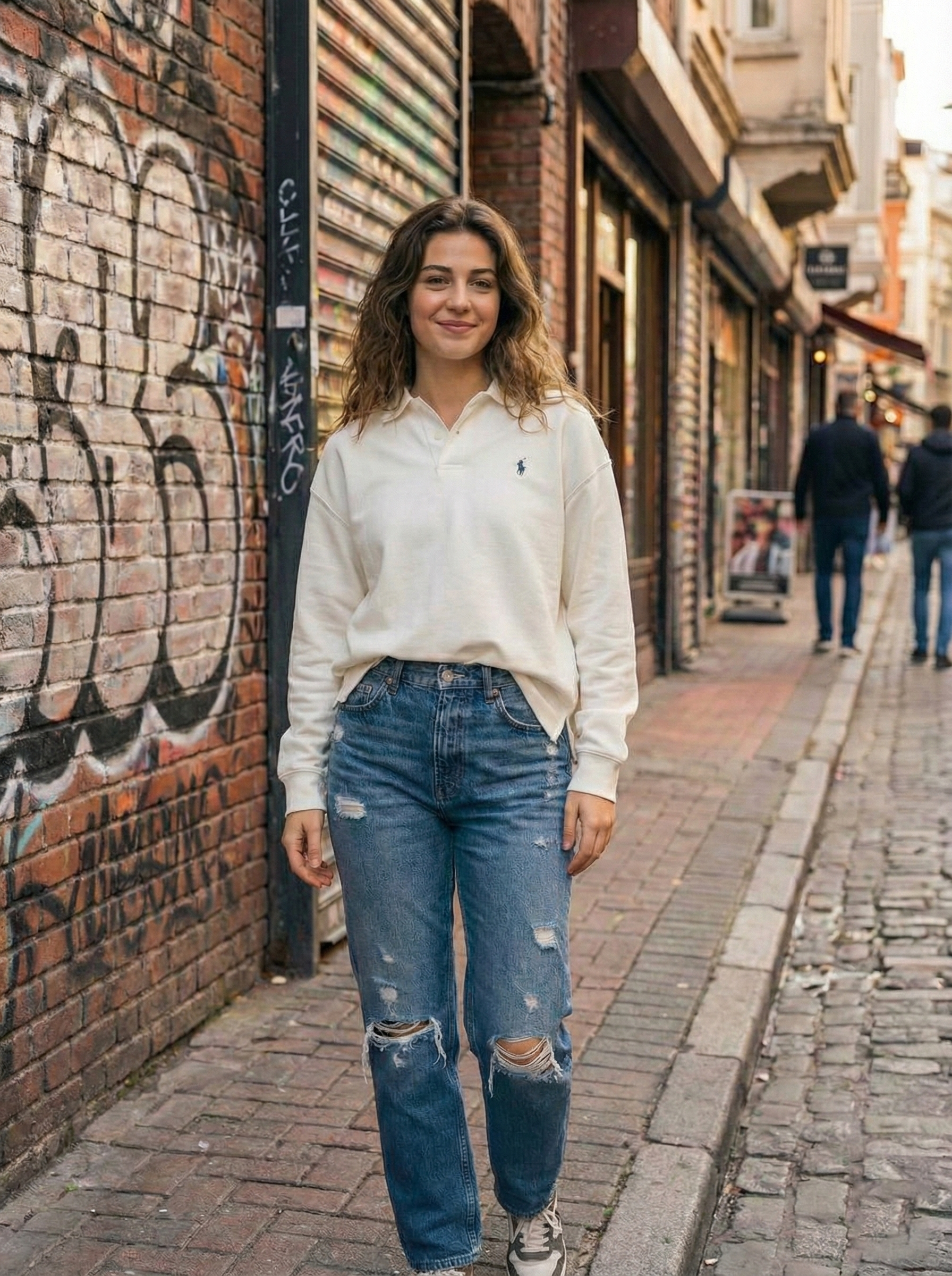 Ekru Polo Yaka Oversize Kadın Sweatshirt - Rahat Kesim