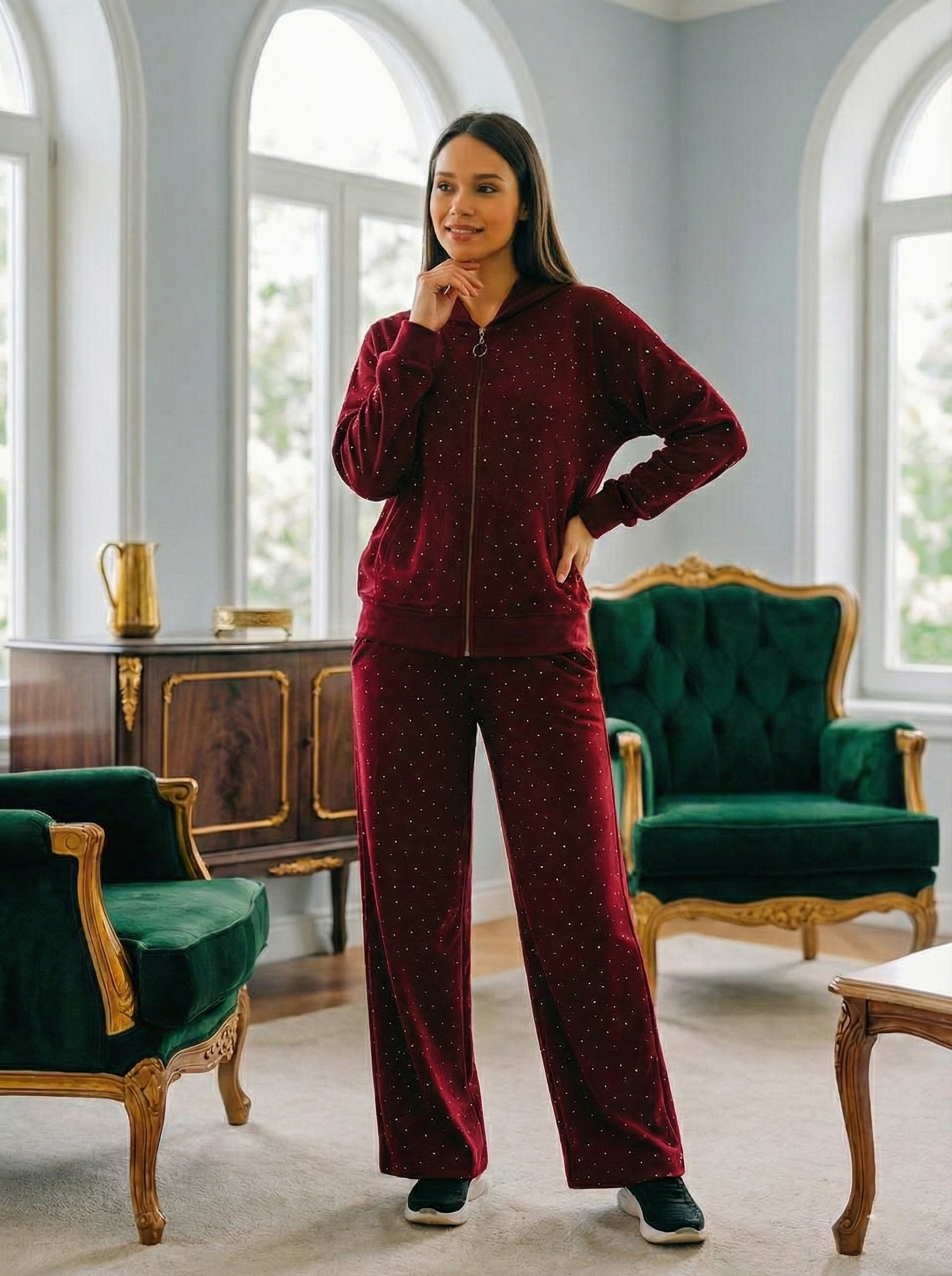 Oysho İnterlok Kumaş Taş Detaylı İkili Takım - Bordo