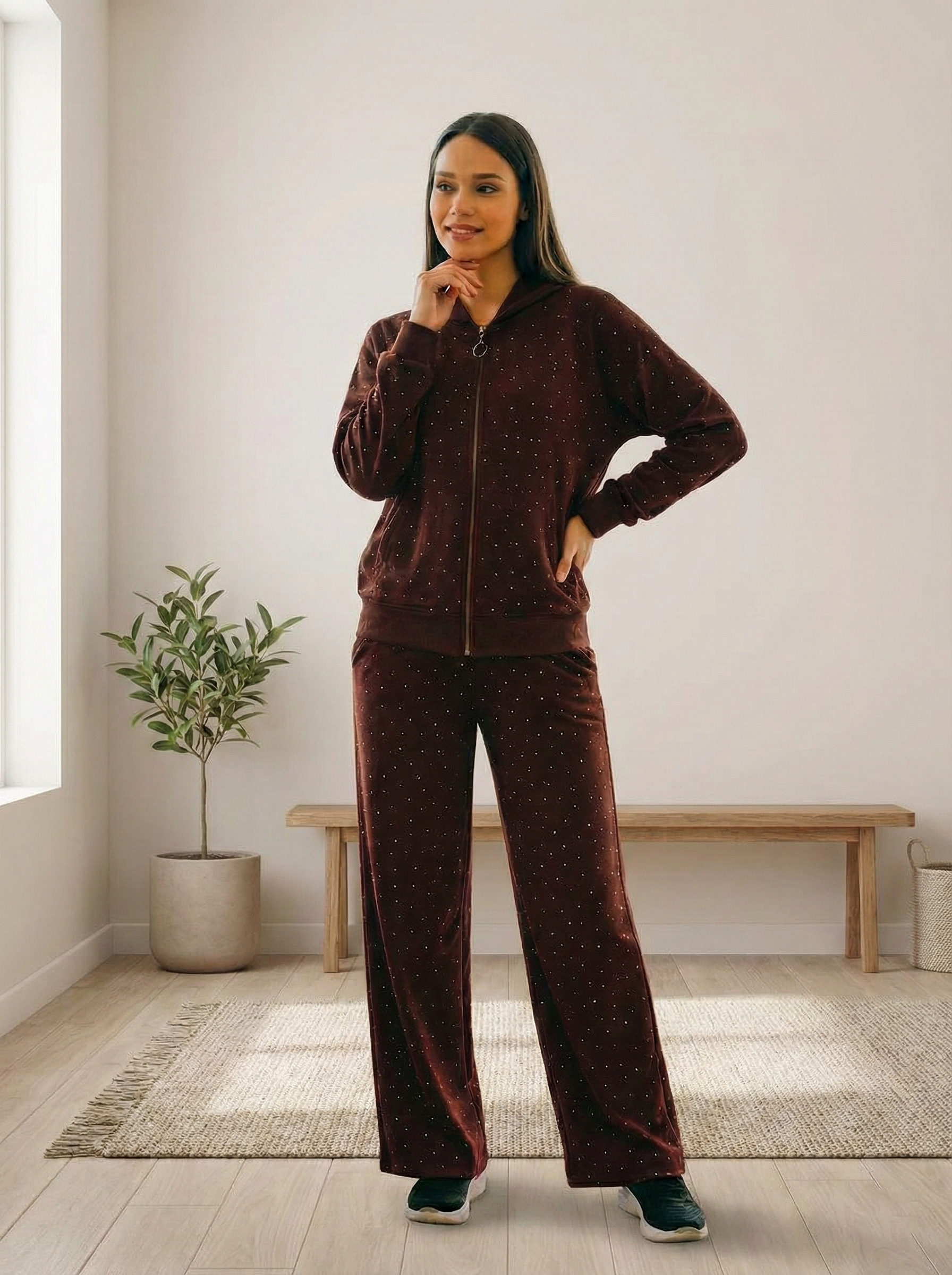 Işıltılı İnterlok Kumaş Fermuarlı Kapüşonlu Kadın Eşofman Takımı