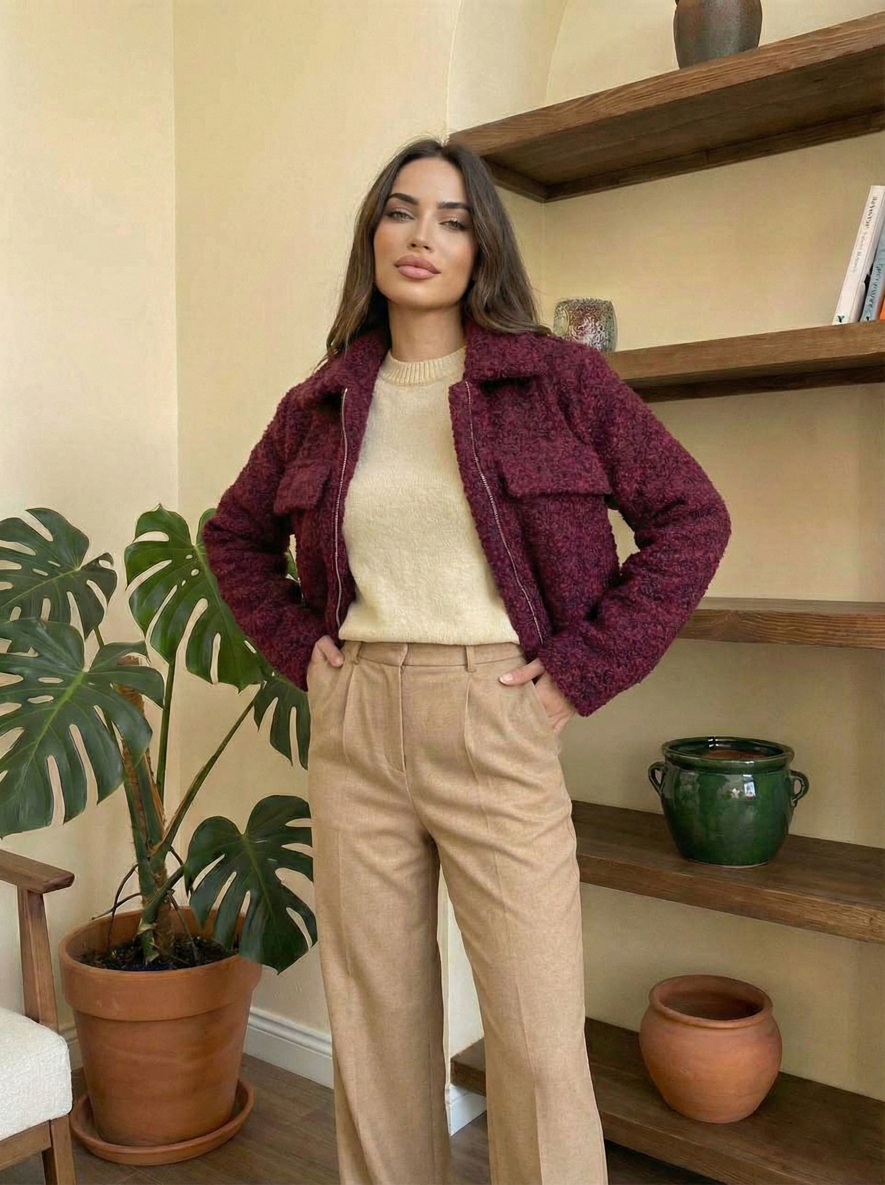 Crop Boy Teddy Kumaş Yumuşak Kadın Ceket - Mürdüm/Bordo