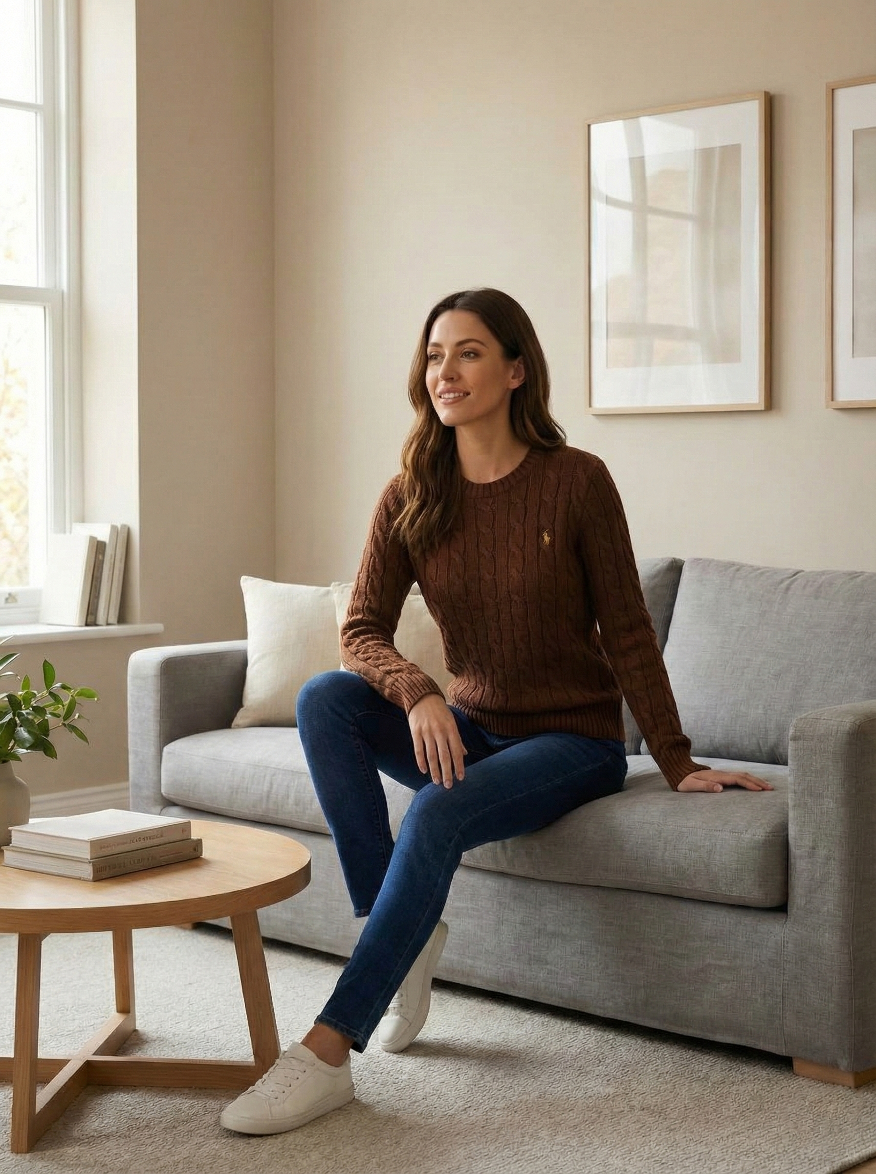 Kahverengi Saç Örgüsü Bisiklet Yaka Kadın Triko Kazak