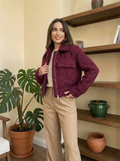 Crop Boy Teddy Kumaş Yumuşak Kadın Ceket - Mürdüm/Bordo
