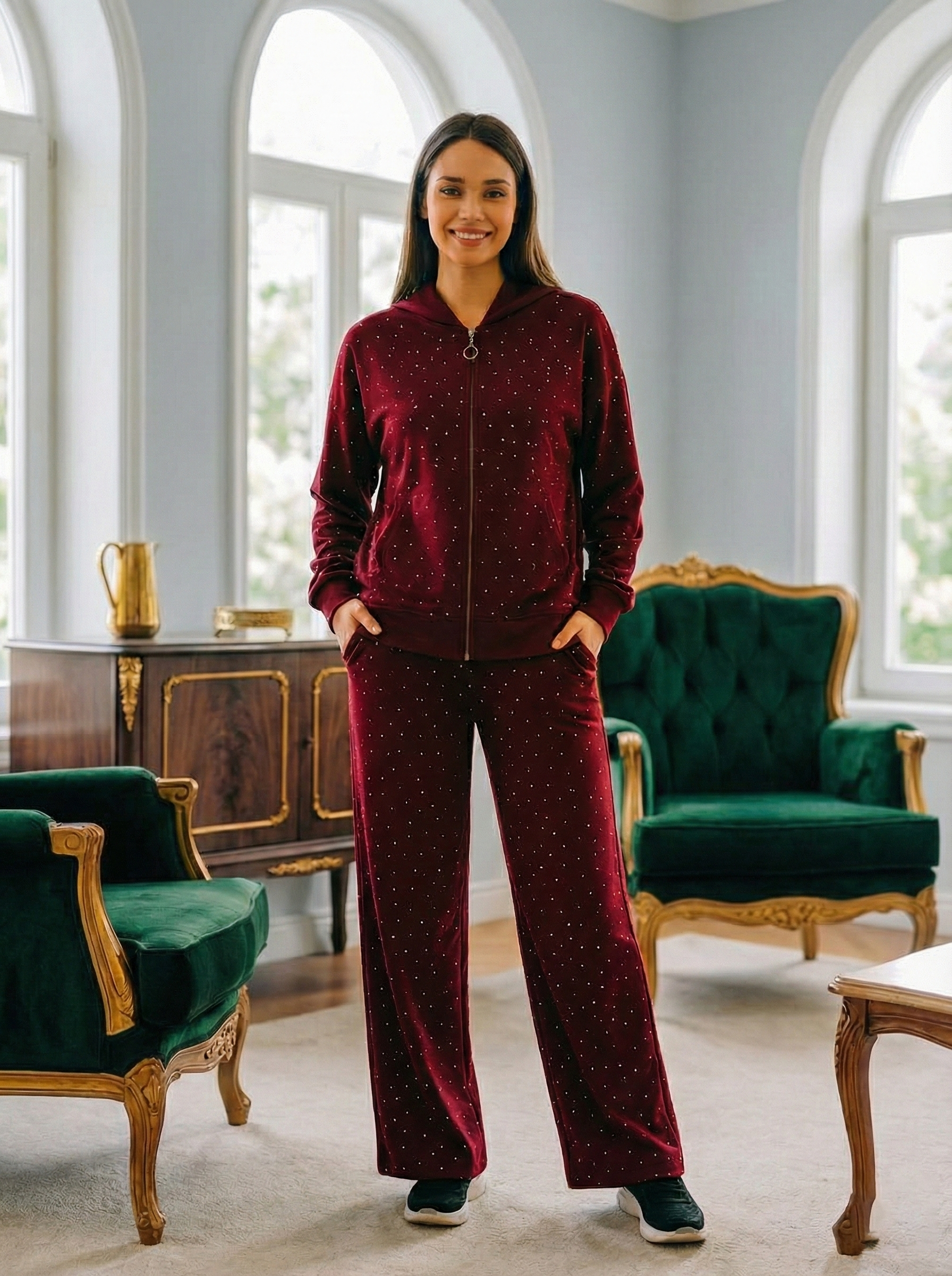 Oysho İnterlok Kumaş Taş Detaylı İkili Takım - Bordo