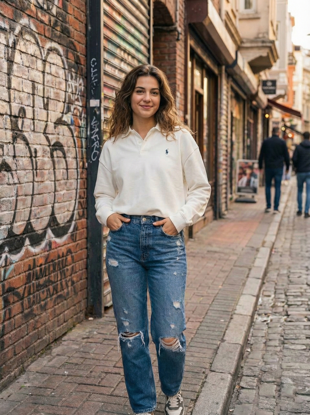 Ekru Polo Yaka Oversize Kadın Sweatshirt - Rahat Kesim