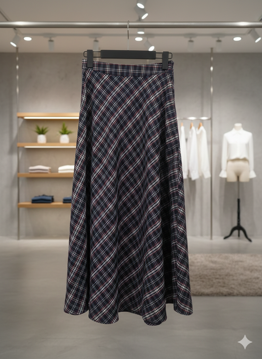 Lacivert Kırmızı Ekose Desenli Yüksek Bel Kloş Etek