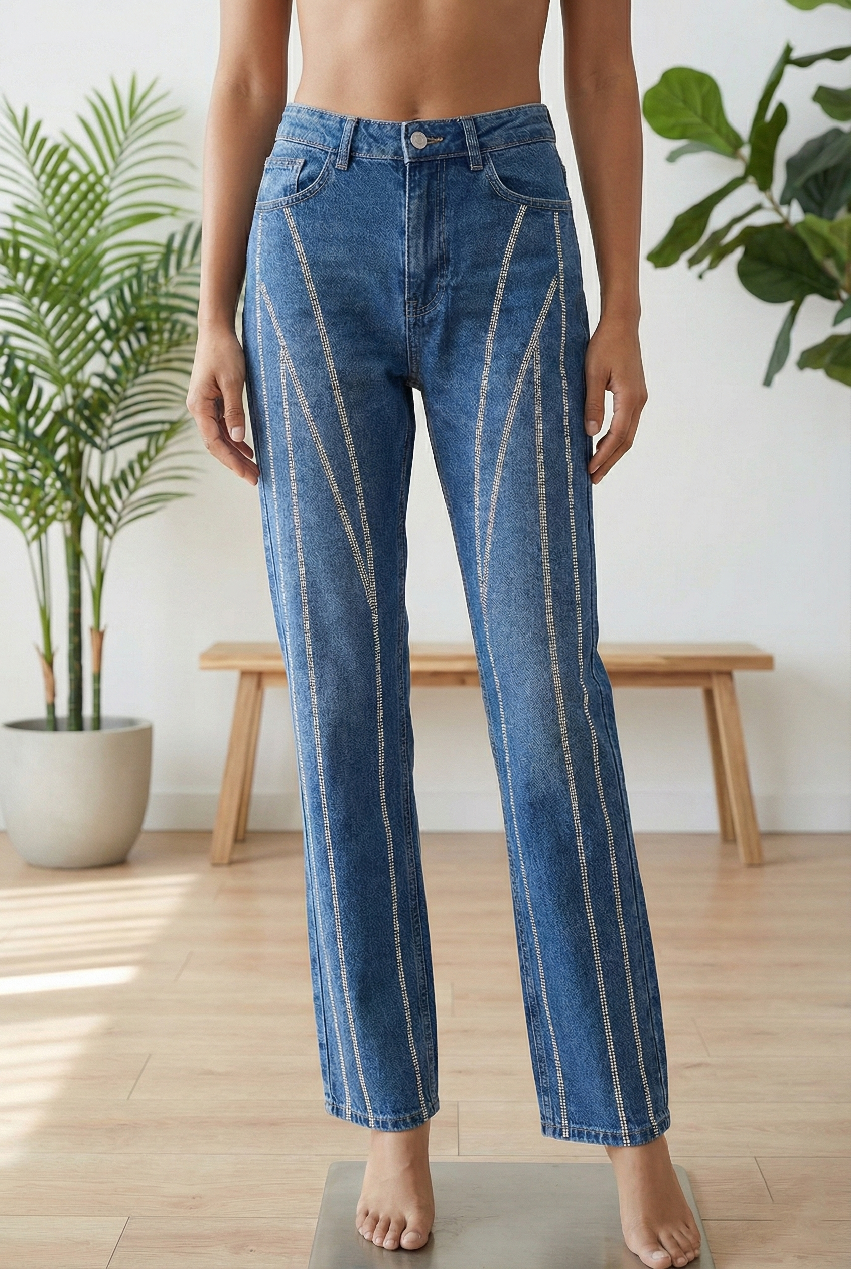 Yüksek Bel Taş İşlemeli Geometrik Şeritli Jean Kot Pantolon - Mavi