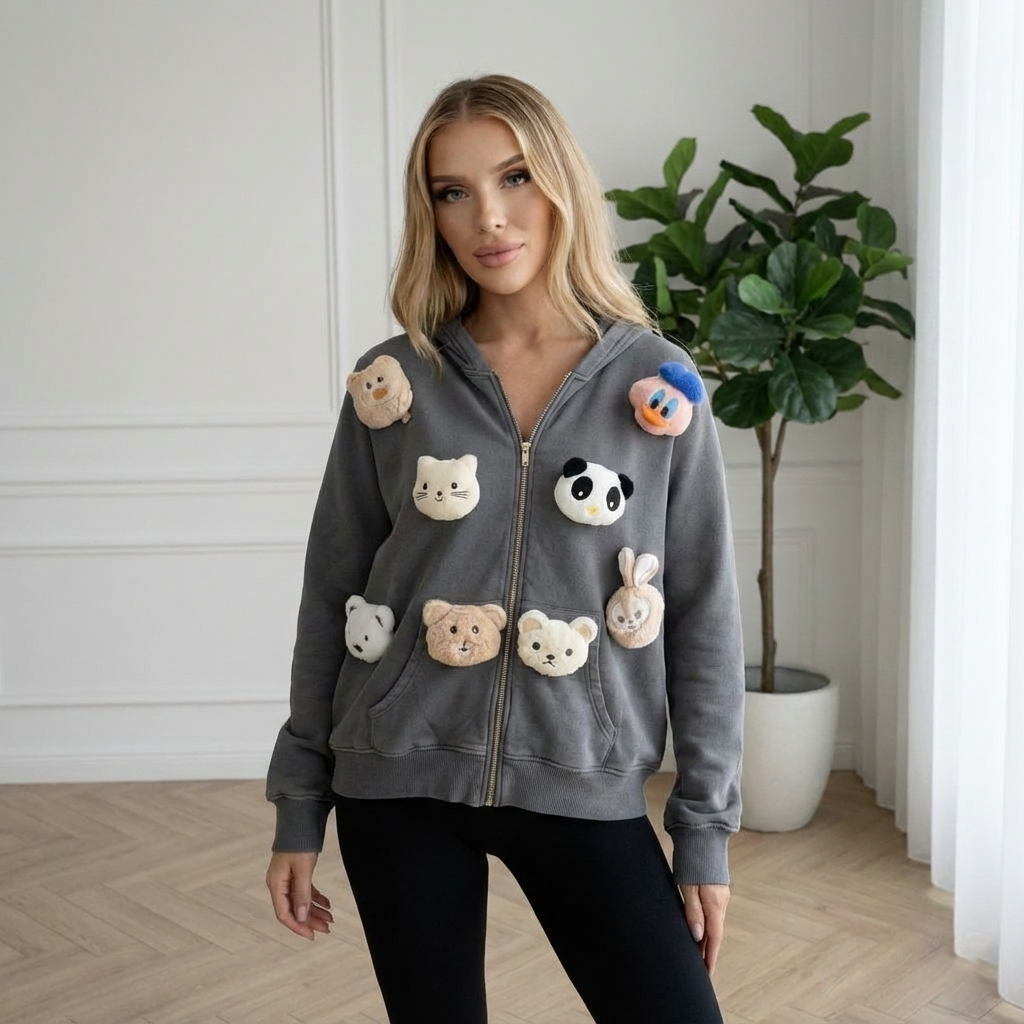 3D Peluş Oyuncak Figür Detaylı Kadın Gri Fermuarlı Hırka