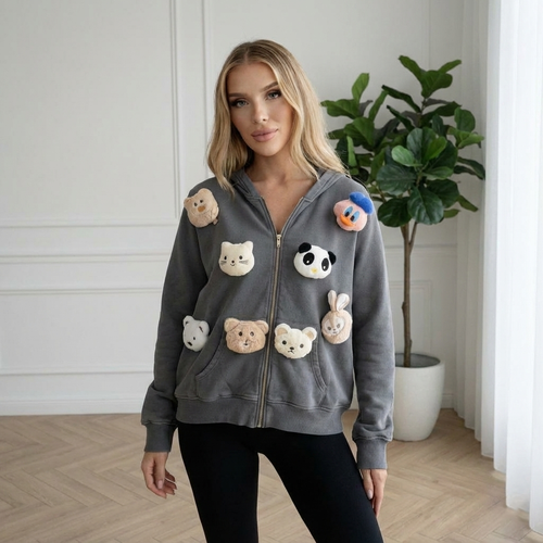 3D Peluş Oyuncak Figür Detaylı Kadın Gri Fermuarlı Hırka