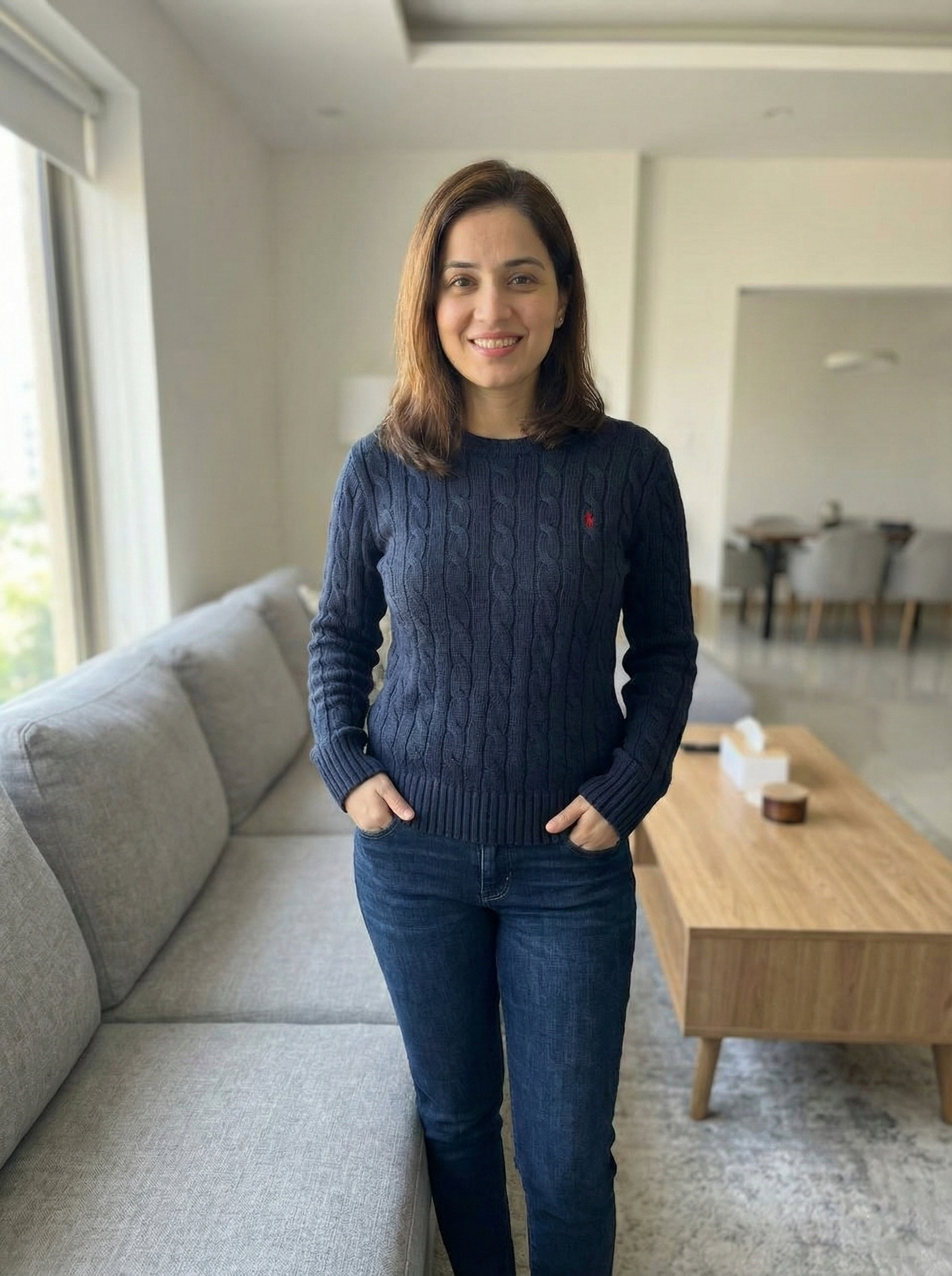 Lacivert Saç Örgüsü Bisiklet Yaka Kırmızı Logolu Kadın Triko Kazak