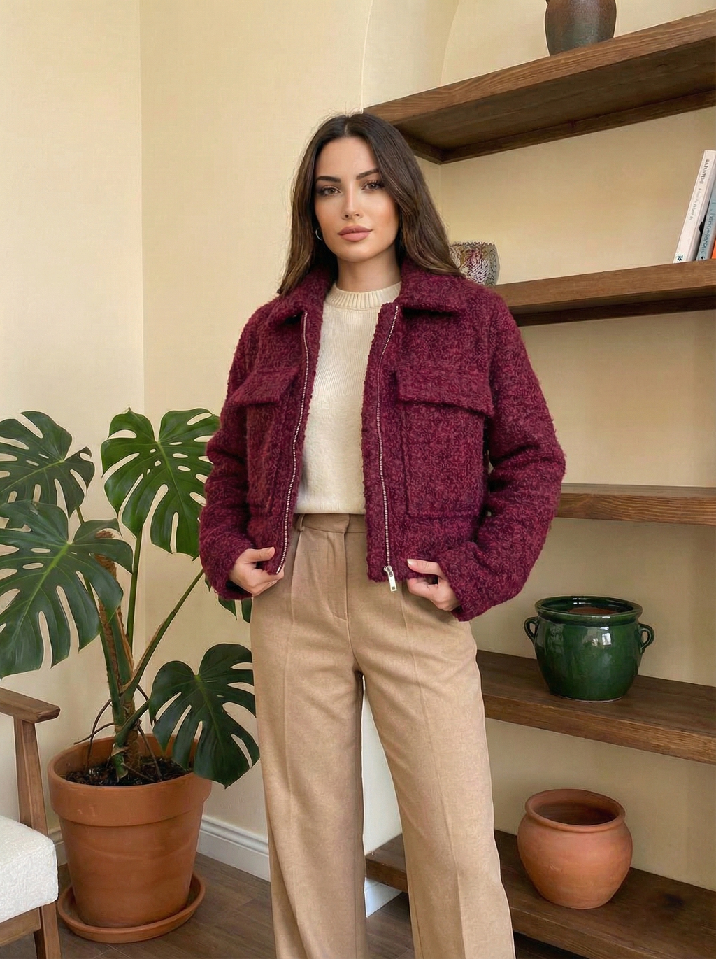 Crop Boy Teddy Kumaş Yumuşak Kadın Ceket - Mürdüm/Bordo