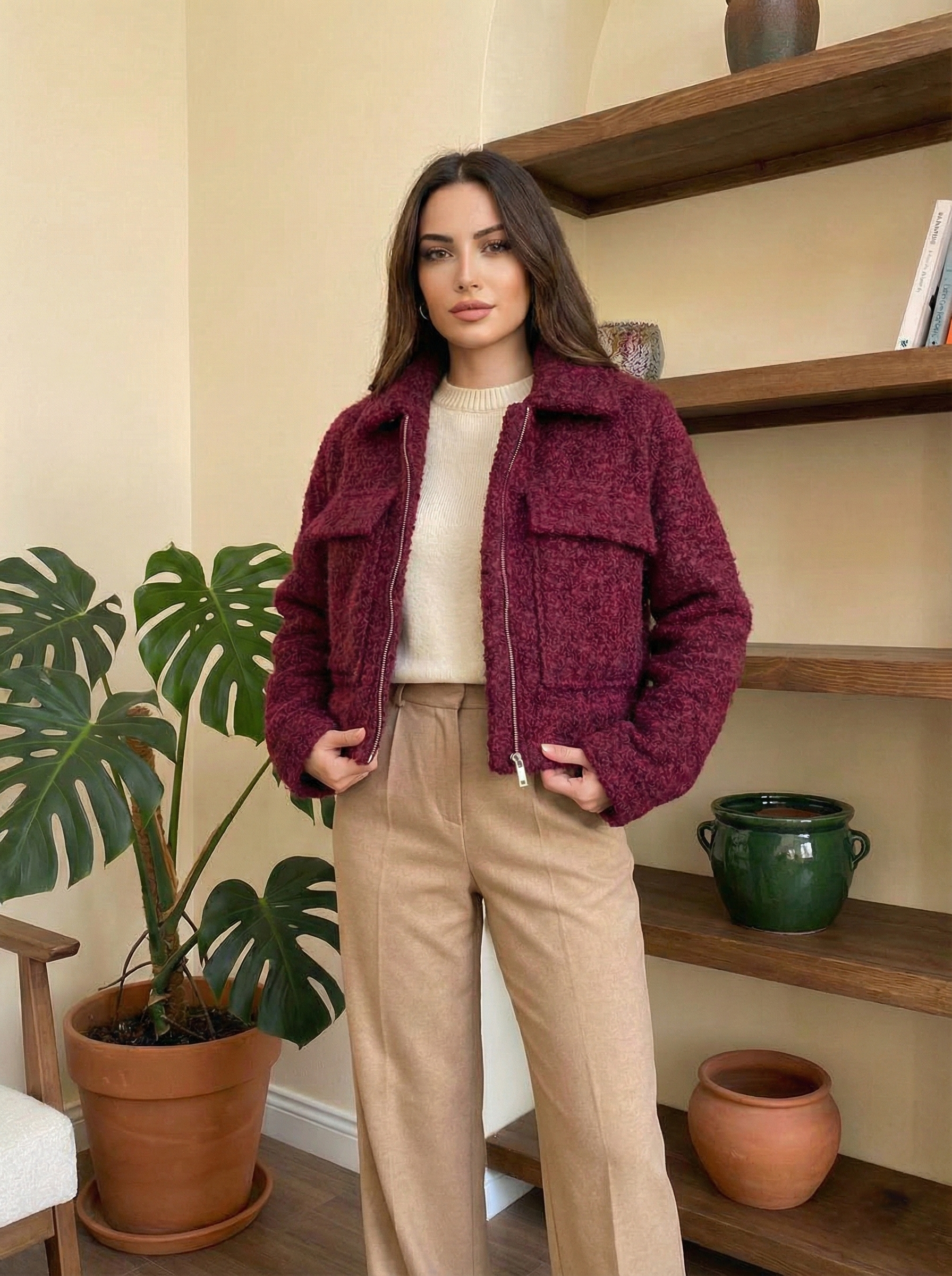 Crop Boy Teddy Kumaş Yumuşak Kadın Ceket - Mürdüm/Bordo