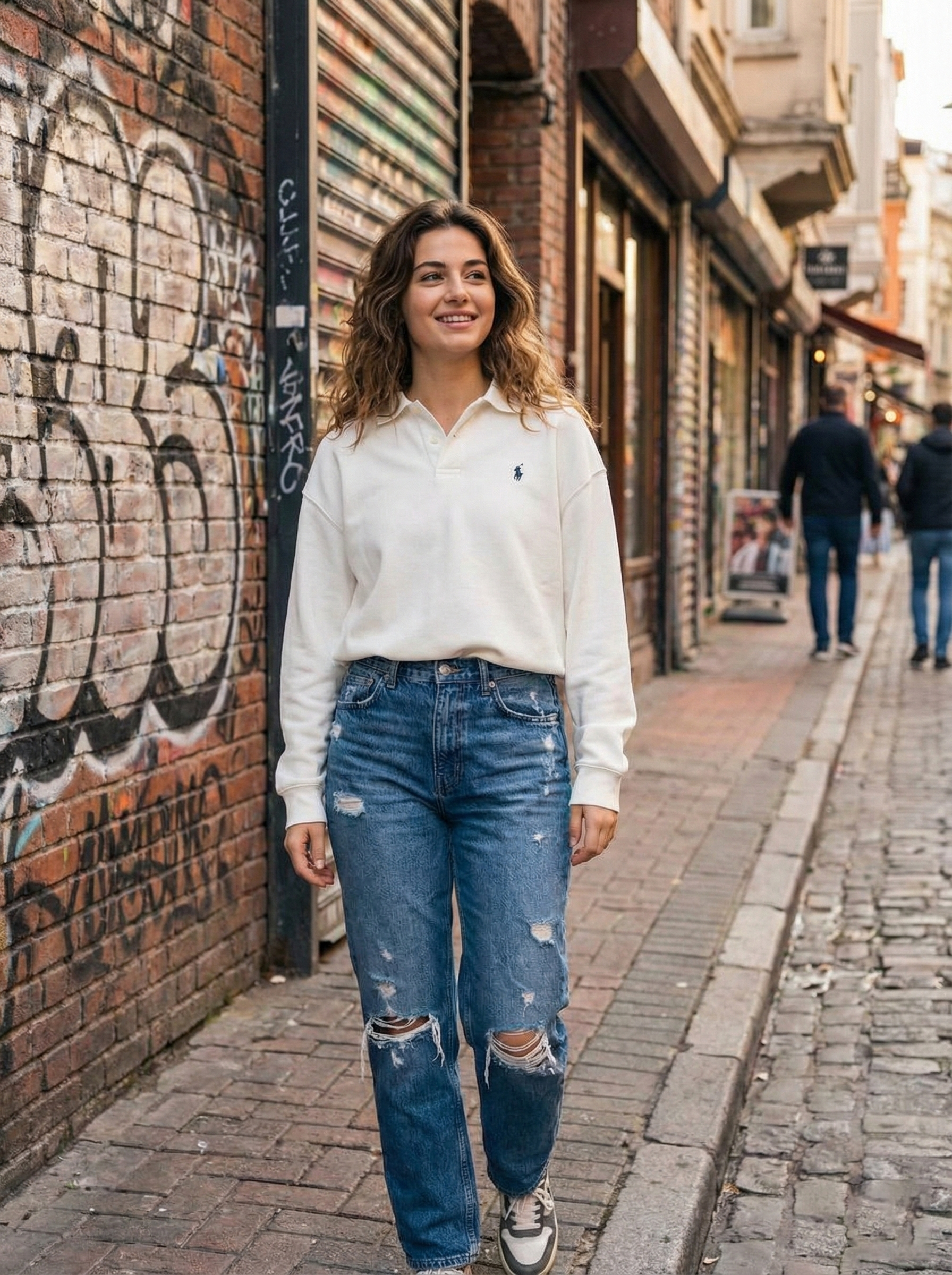 Ekru Polo Yaka Oversize Kadın Sweatshirt - Rahat Kesim