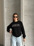 Guess Kadın Siyah Taşlı Logo Detaylı Bisiklet Yaka Sweatshirt