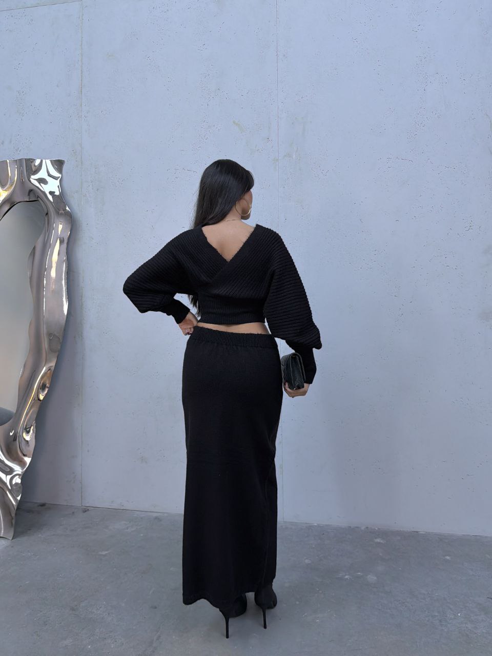 Fitilli Triko İkili Takım - Kruvaze Wrap Kazak ve Yüksek Bel Etek Kombini