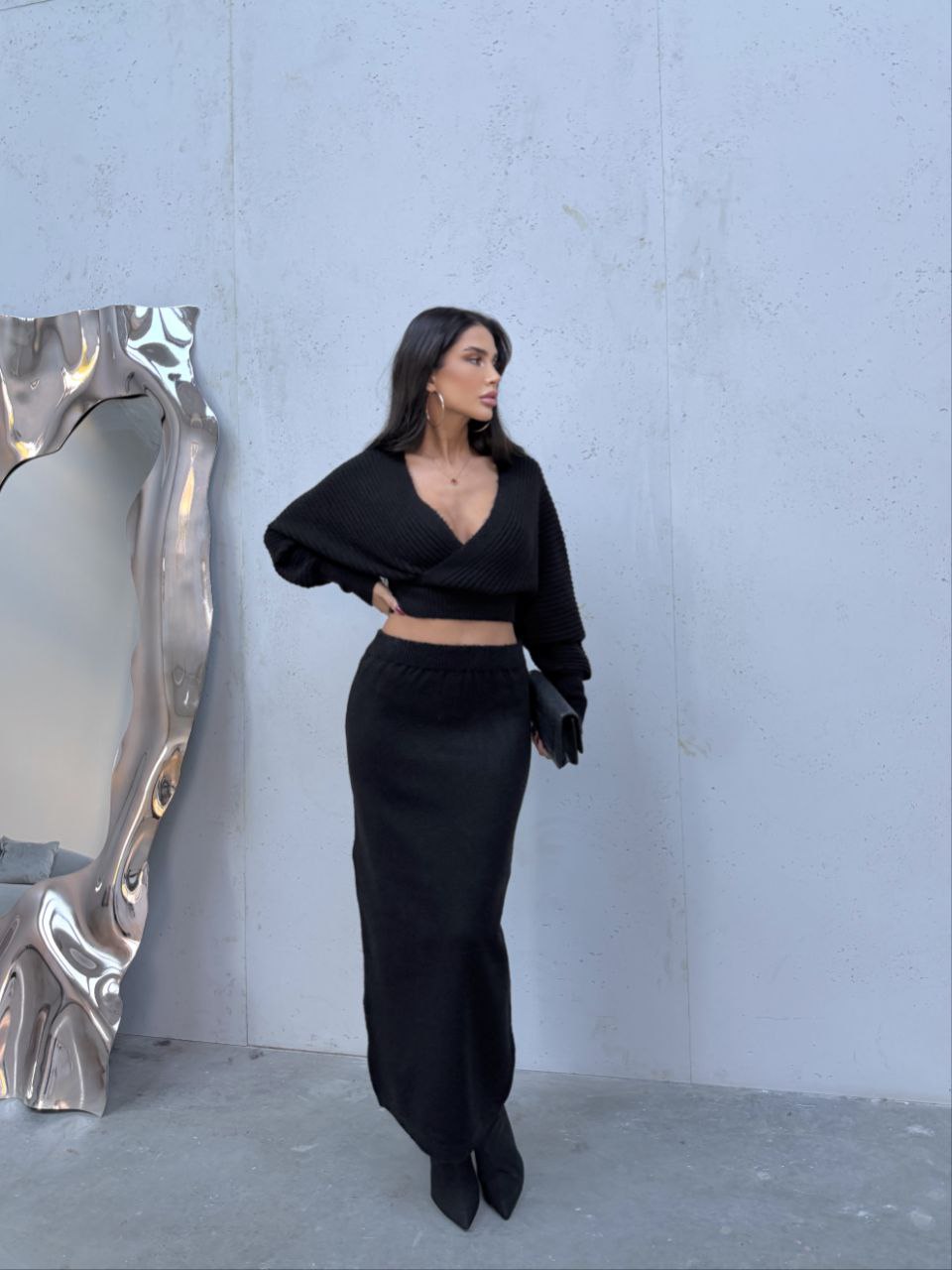 Fitilli Triko İkili Takım - Kruvaze Wrap Kazak ve Yüksek Bel Etek Kombini