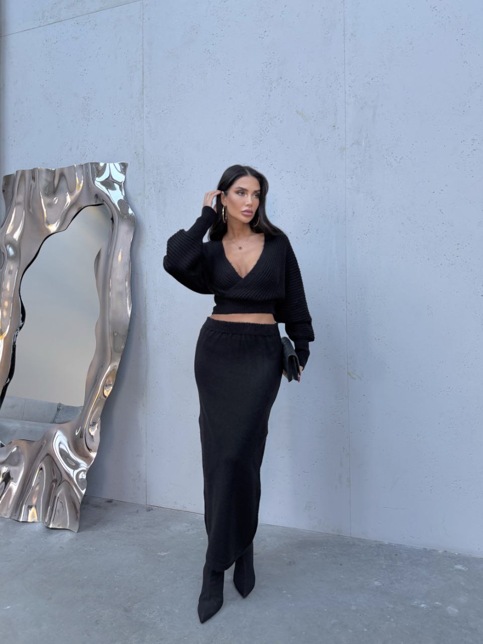 Fitilli Triko İkili Takım - Kruvaze Wrap Kazak ve Yüksek Bel Etek Kombini