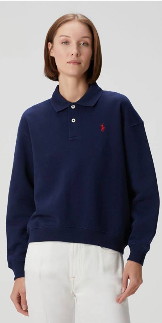 Lacivert Polo Yaka Oversize Kadın Sweatshirt - Rahat Kalıp