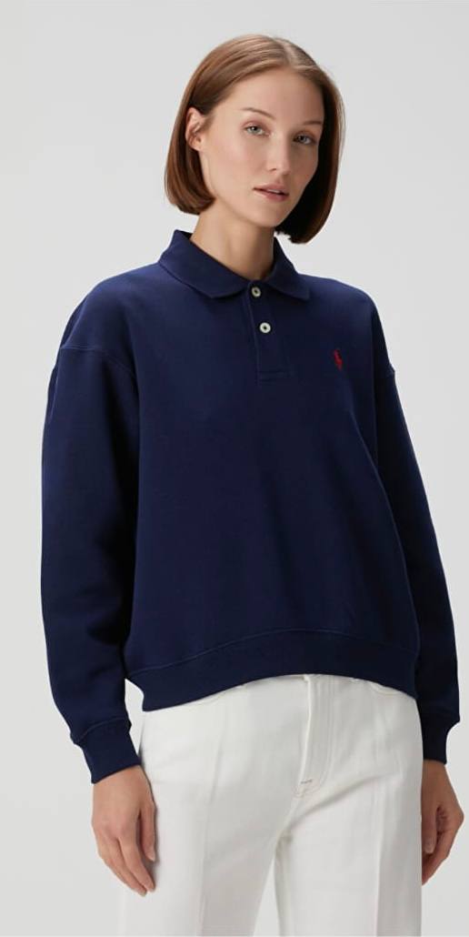 Lacivert Polo Yaka Oversize Kadın Sweatshirt - Rahat Kalıp