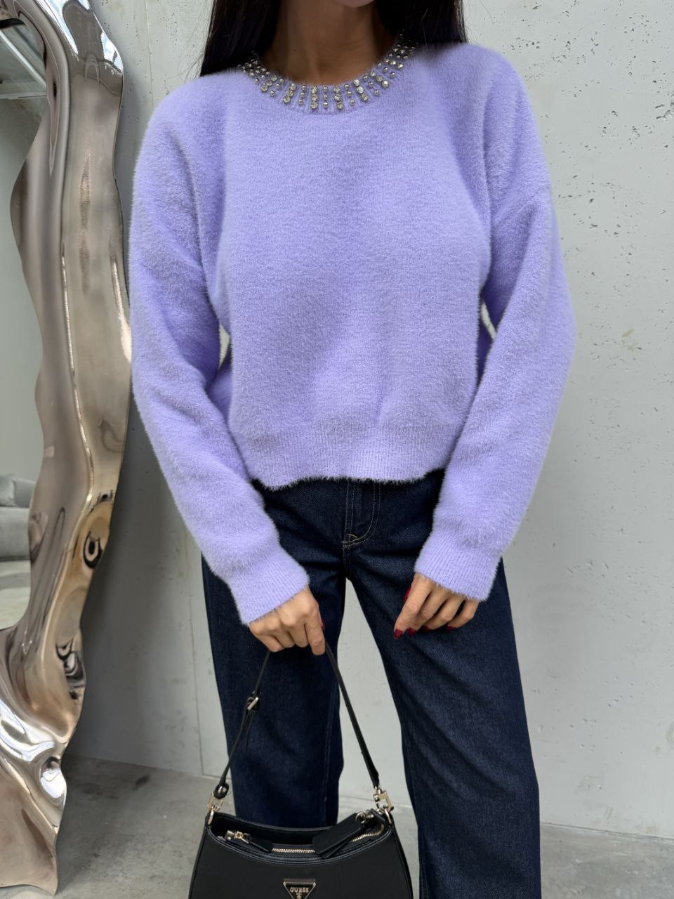 Yaka Taş İşlemeli Yumuşak Dokulu Kadın Triko Kazak