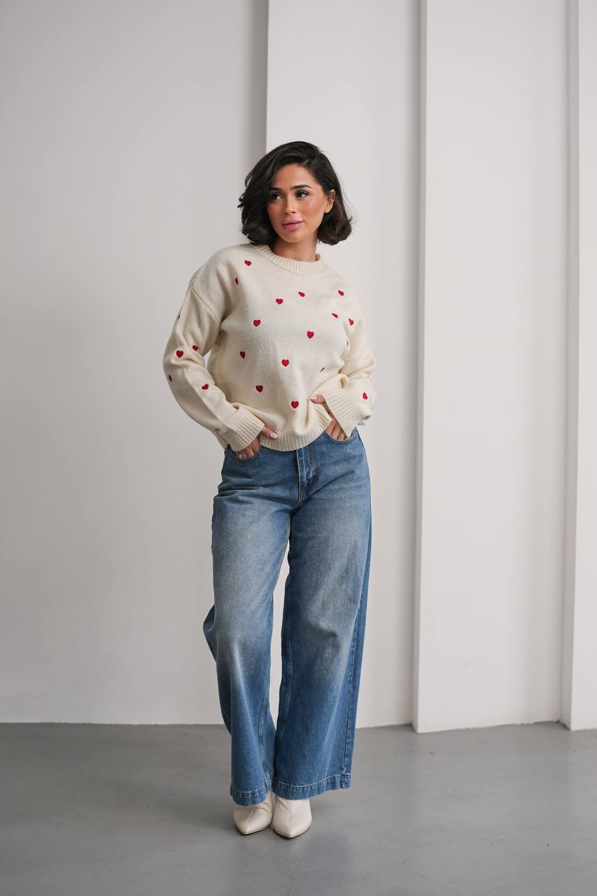 Ekru Kalp Nakışlı Oversize Kadın Triko Kazak