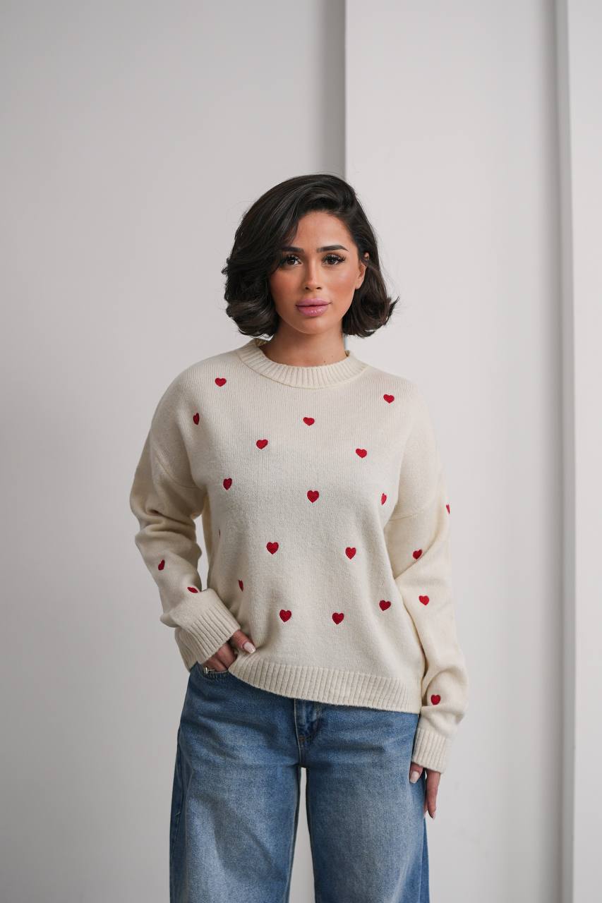 Ekru Kalp Nakışlı Oversize Kadın Triko Kazak