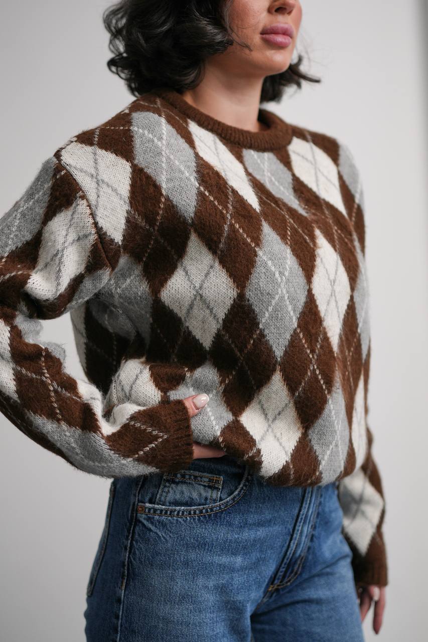 Kahverengi Baklava Desenli Oversize Kadın Triko Kazak