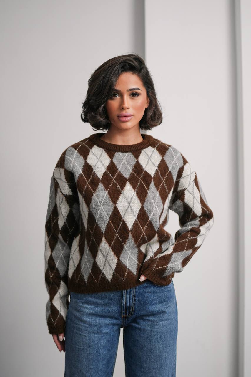 Kahverengi Baklava Desenli Oversize Kadın Triko Kazak