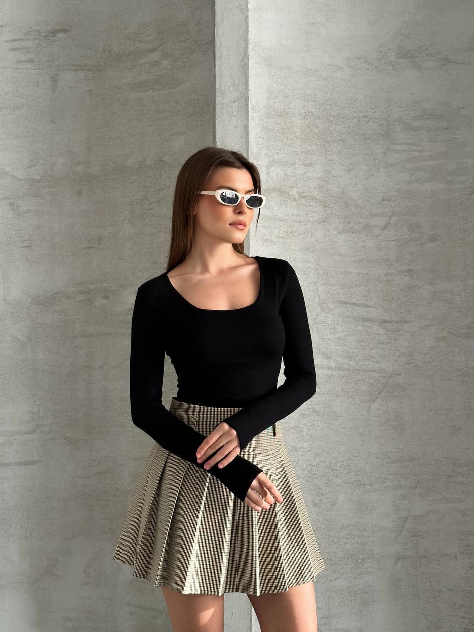Kadın Siyah Kare Yaka Uzun Kollu Esnek Bluz - Dar Kalıp Body