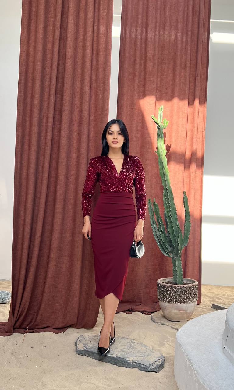 Bordo Payet Üstlü Drapeli Midi Boy Abiye Elbise