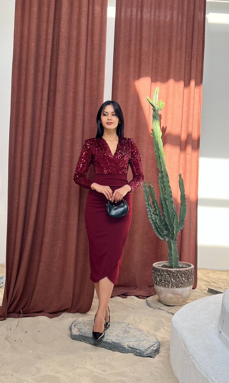 Bordo Payet Üstlü Drapeli Midi Boy Abiye Elbise