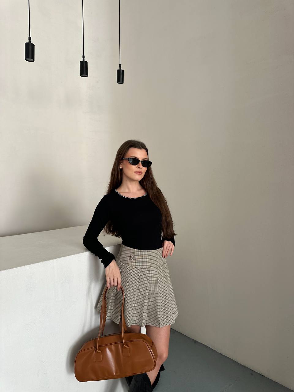 Kontrast Beyaz Dikiş Detaylı Siyah Uzun Kollu Slim Fit Kadın Bluz