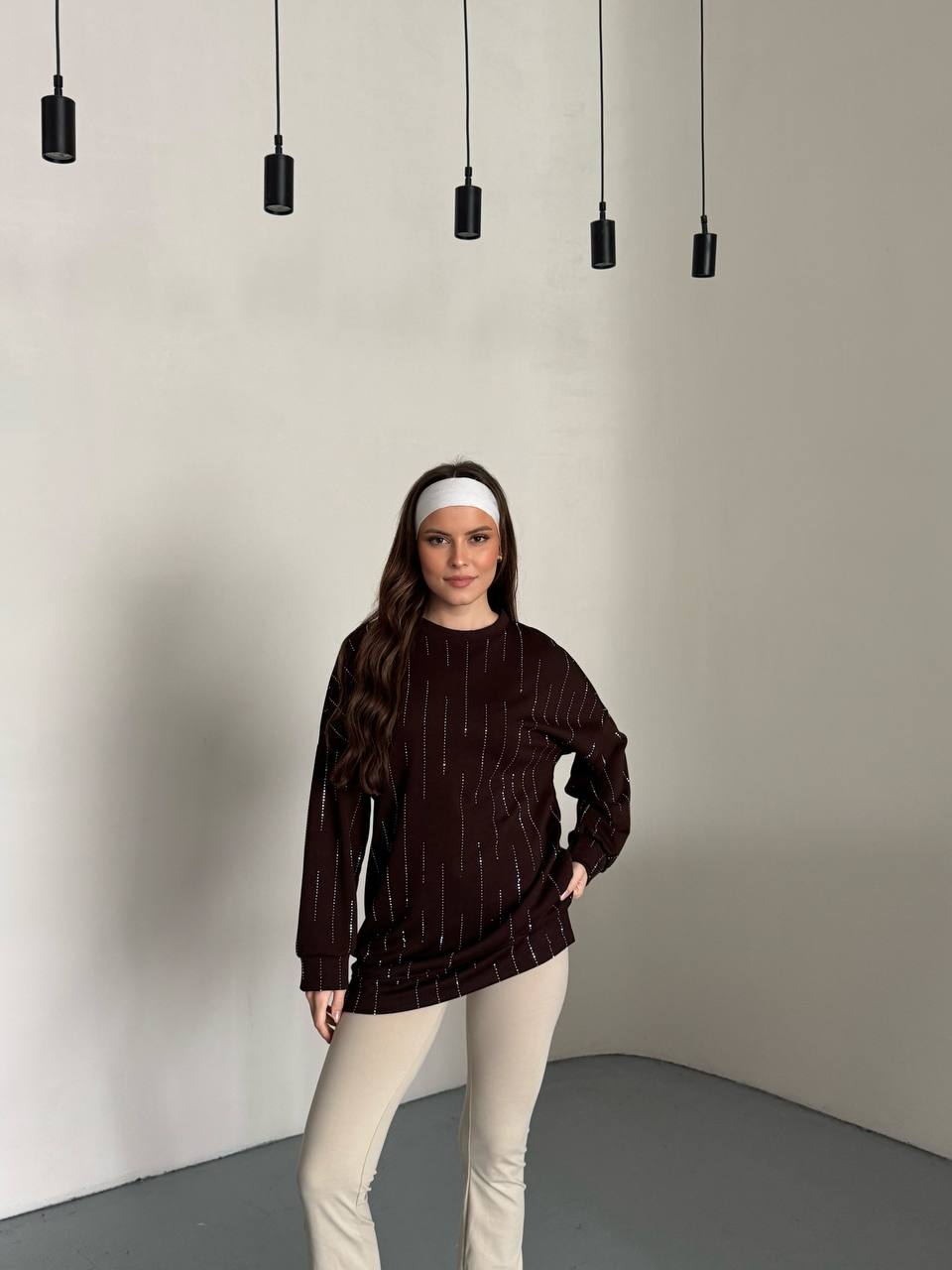 Kahverengi Dikey Taş İşlemeli Oversize Kadın Tunik