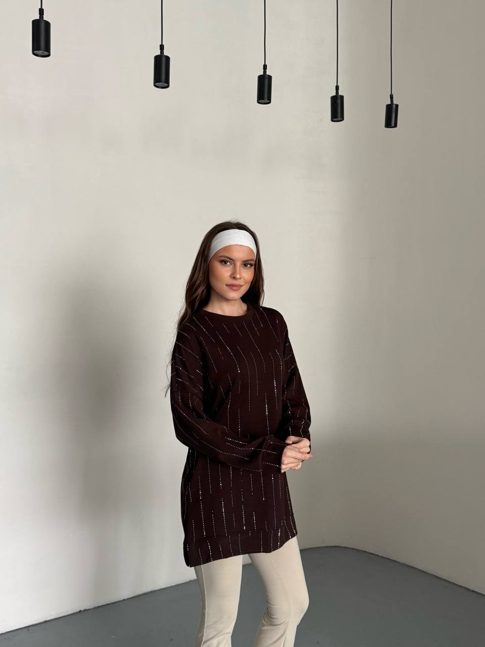 Kahverengi Dikey Taş İşlemeli Oversize Kadın Tunik