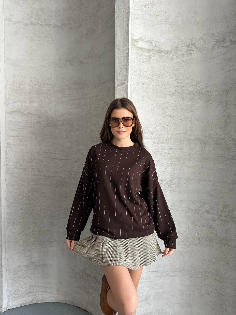 Kahverengi Dikey Taş İşlemeli Oversize Kadın Tunik