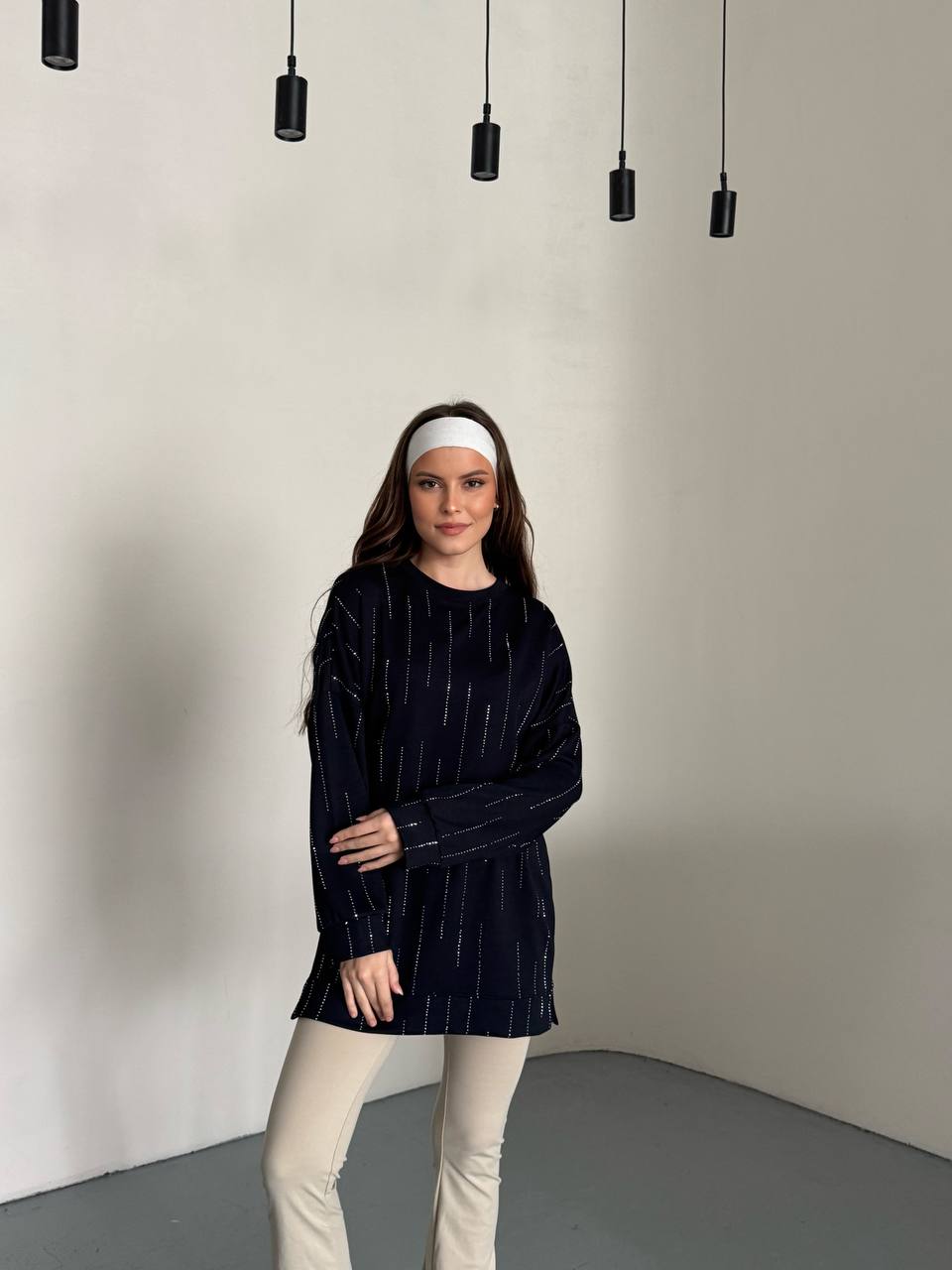 Işıltılı Şerit Detaylı Rahat Kesim Siyah Kadın Tunik