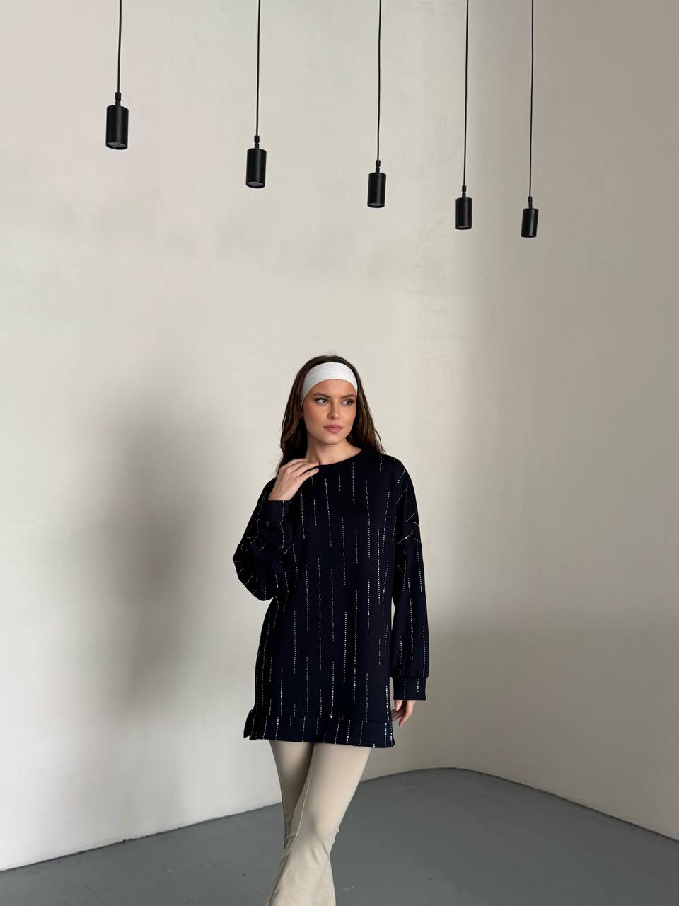 Işıltılı Şerit Detaylı Rahat Kesim Siyah Kadın Tunik