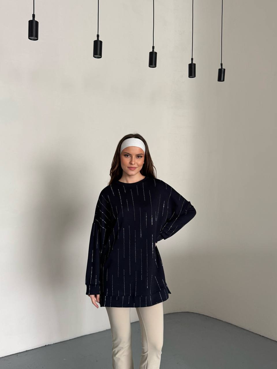 Işıltılı Şerit Detaylı Rahat Kesim Siyah Kadın Tunik