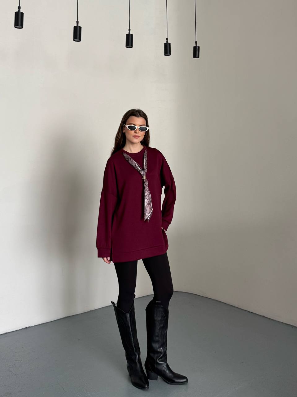 Fular Aksesuarlı Uzun Kollu Bordo Kadın Tunik