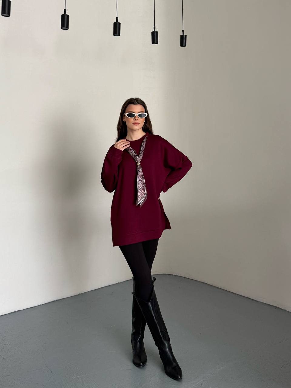 Fular Aksesuarlı Uzun Kollu Bordo Kadın Tunik