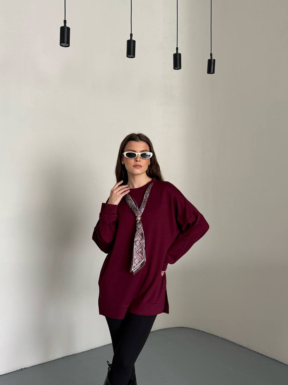 Fular Aksesuarlı Uzun Kollu Bordo Kadın Tunik