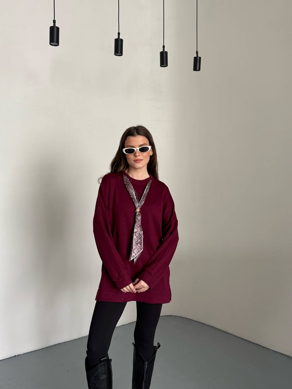 Fular Aksesuarlı Uzun Kollu Bordo Kadın Tunik