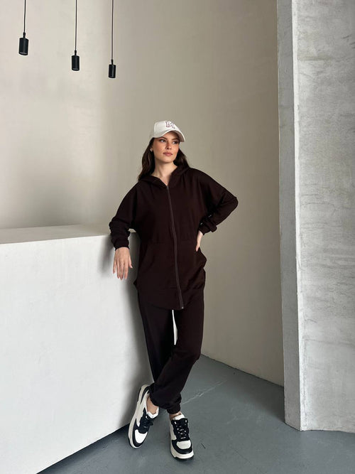 Acı Kahve Fermuarlı Kapüşonlu Kadın Eşofman Takımı - Oversize Rahat Kalıp