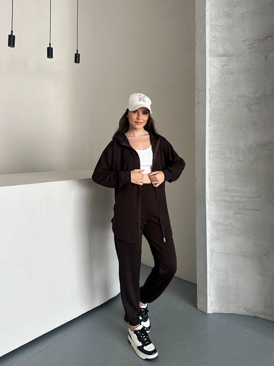 Acı Kahve Fermuarlı Kapüşonlu Kadın Eşofman Takımı - Oversize Rahat Kalıp