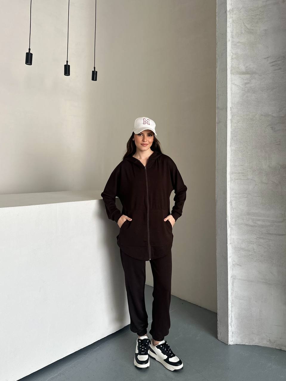 Acı Kahve Fermuarlı Kapüşonlu Kadın Eşofman Takımı - Oversize Rahat Kalıp