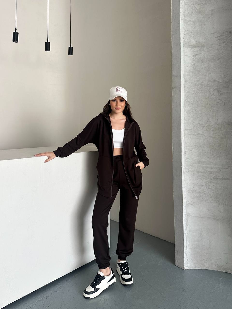 Acı Kahve Fermuarlı Kapüşonlu Kadın Eşofman Takımı - Oversize Rahat Kalıp