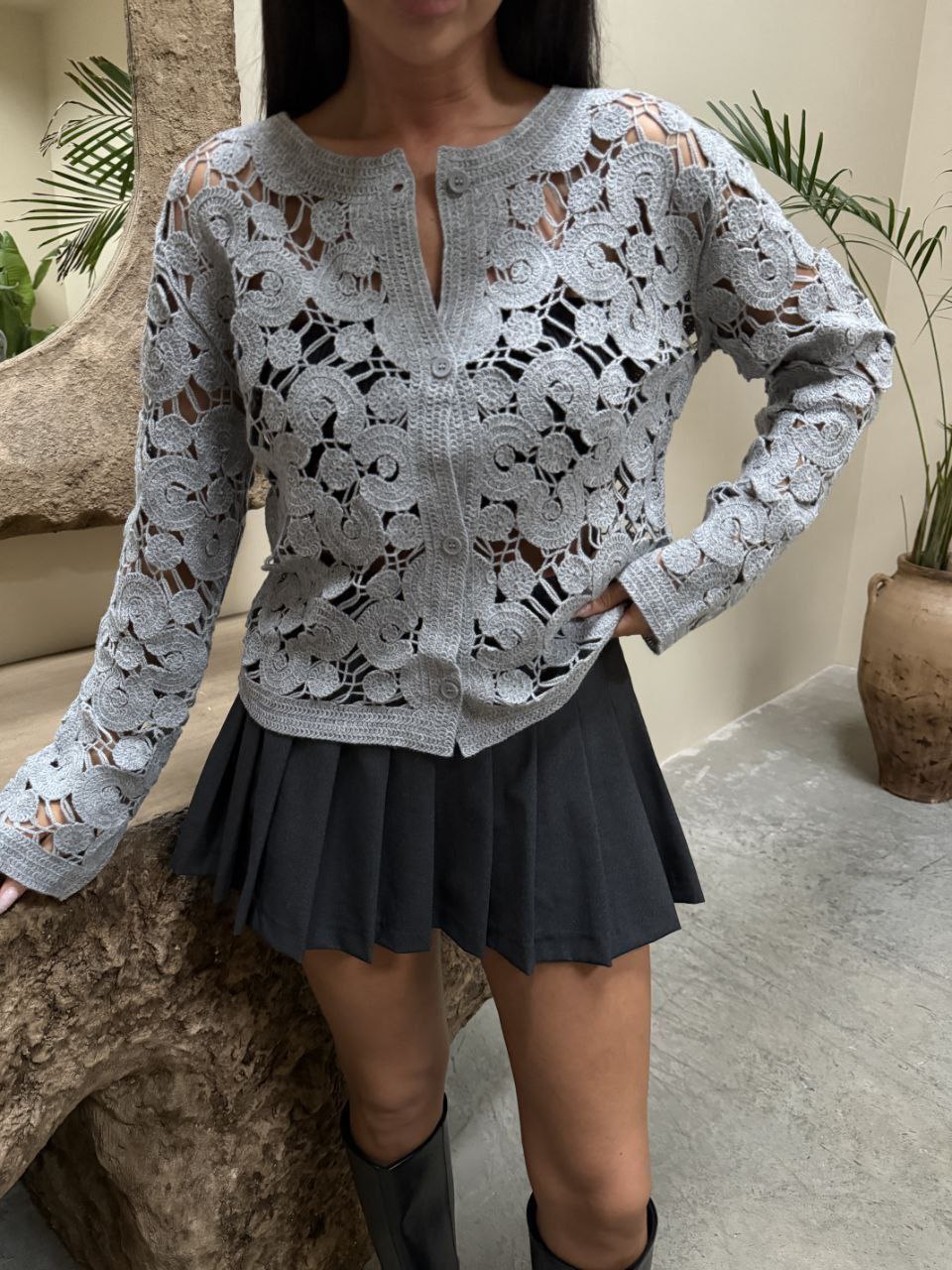 Spiral Nakışlı Dantel Hırka (Siyah - Beyaz - Gri)
