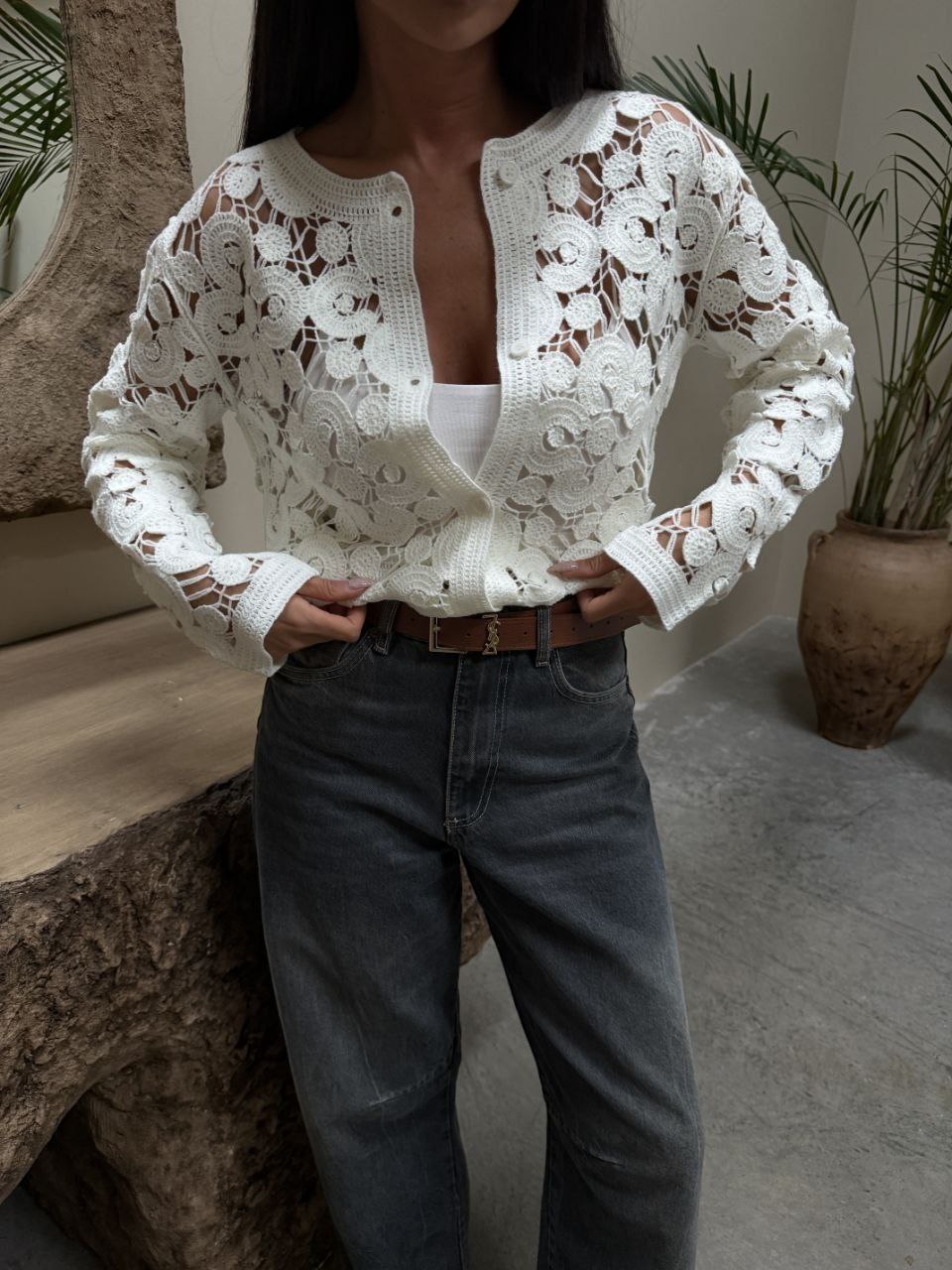 Spiral Nakışlı Dantel Hırka (Siyah - Beyaz - Gri)